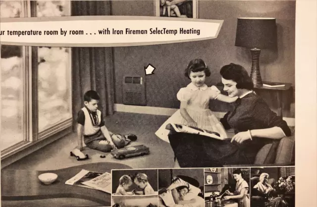 1955 Iron Fireman Heating Furnace Vintage Print Ad Housewife and Kids Playing