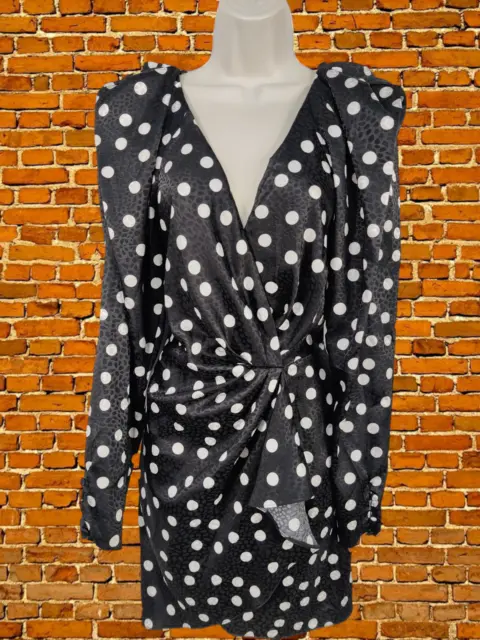 Womens Asos Size Uk 14 Black White Polka Dot Dress Long Sleeve Wrap Front Party