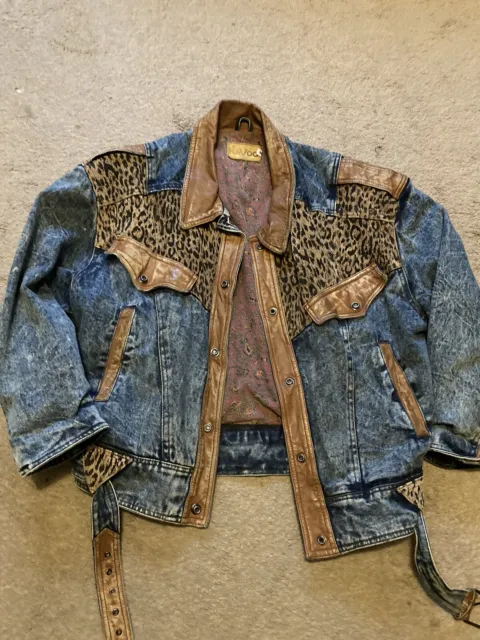 Guc Havoc Women’s Denim Jacket Acid Stone Wash Leather  Accents Vintage Medium