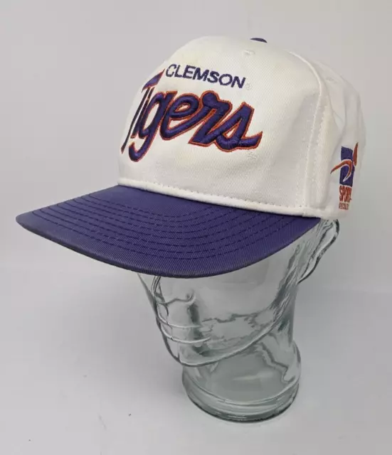 Vtg Clemson Tigers Sports Specialties SnapBack Hat White Purple Script Rare