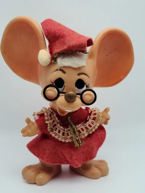 Vintage Roy Des 1970 Christmas Mouse Mrs Claus Hard Plastic Figurine RARE