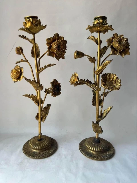 19th Century. A Pair Brass of Ormolu Flower Form Candlesticks. 14” tall
