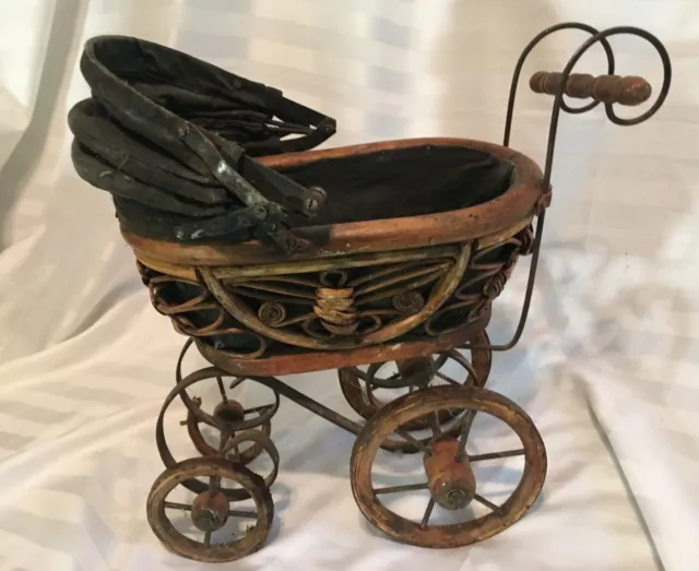 Pram Carriage Vtg Wicker Rattan Wood Baby Doll Buggy Antique Reproduction 15"