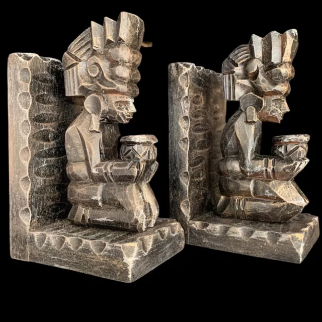 2 Vintage Hand Carved Wood Bookends Aztec Men w/Offerings Mayan Tribal Folk Art