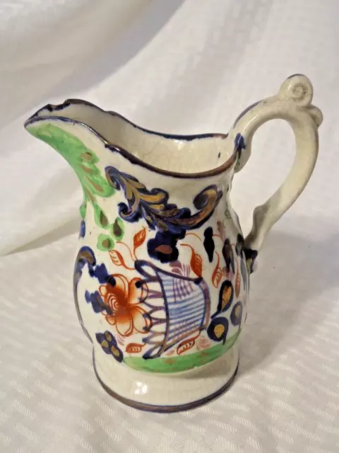 Colorful Antique Staffordshire Porcelain Gaudy Welsh Pitcher 6" c. 1840