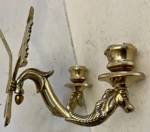 Vtg Brass Pair Candle Double Arm Wall Sconces French Style 18" Horse Acorn Leaf 2