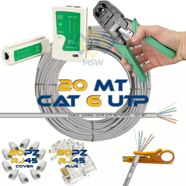 Kit Cavo Rete Lan 20Mt Metri Cat6 Utp Crimpatrice Teter Spelafili + Plug Rj45