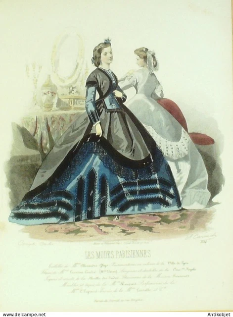Gravure Modes parisiennes 1864 n°1134 Robe satinée ornée de rubans velours