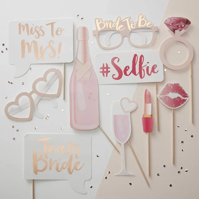 10 Hen Do Night Photo Booth Selfie Props Team Bride Rose Gold Pink Party Decor