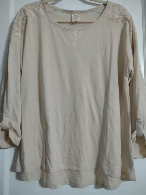 FADED GLORY SHIRT Women’s Top XL 16-18 Floral Lace Henley Tan 3/4 ...