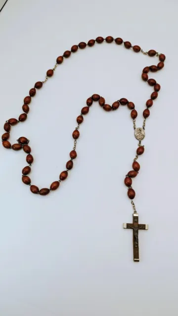 Italian Rosary Necklace Cocoa Wood Prayer Beads Wood/Metal Crucifix 28" Italy