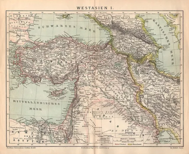 Westasien Persien Kaukasien Arabien Türkei Russland historische Landkarte 1882