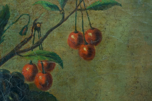 TABLEAU HUILE NATURE Morte fruits cerises pommes et cruche signée