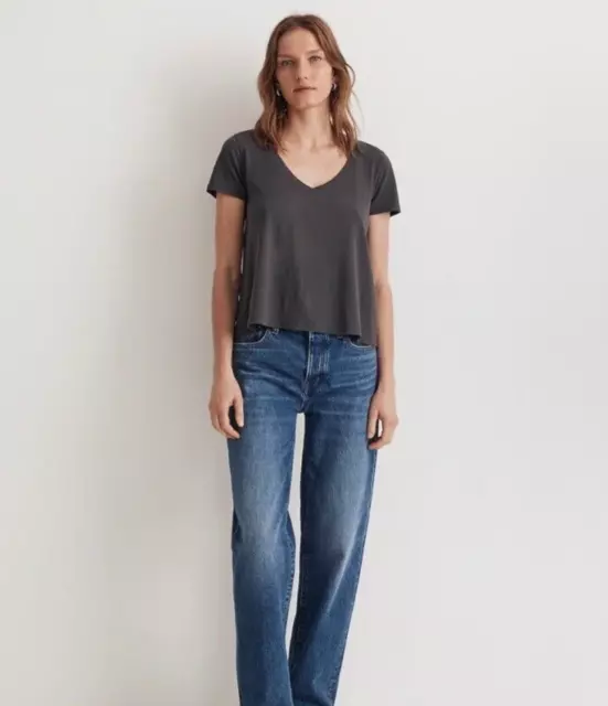 Madewell XS Softfade Cotton V-neck Crop Tee T-shirt Coal Gray Relaxed Fit NWT