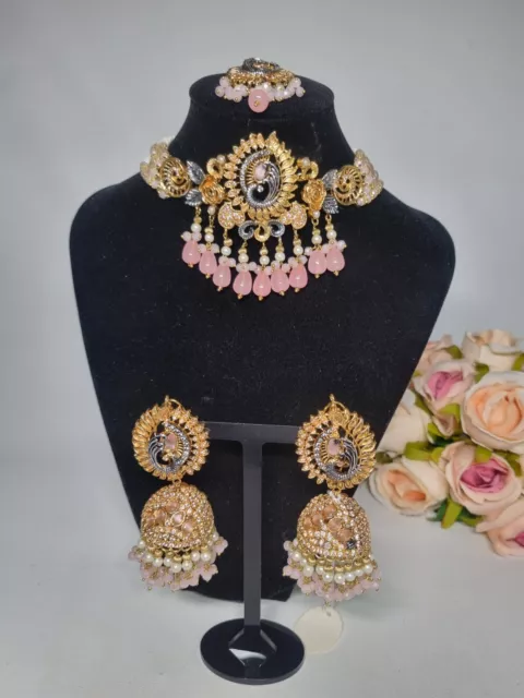 Indian Pakistani Pearl And Pink Gold choker Set With Pink Stones