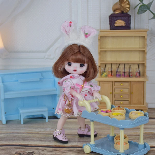 1/8 BJD Doll 16cm 6inch Girl Full Set Pink Dress Shoes Outfits Wigs Kids Gift