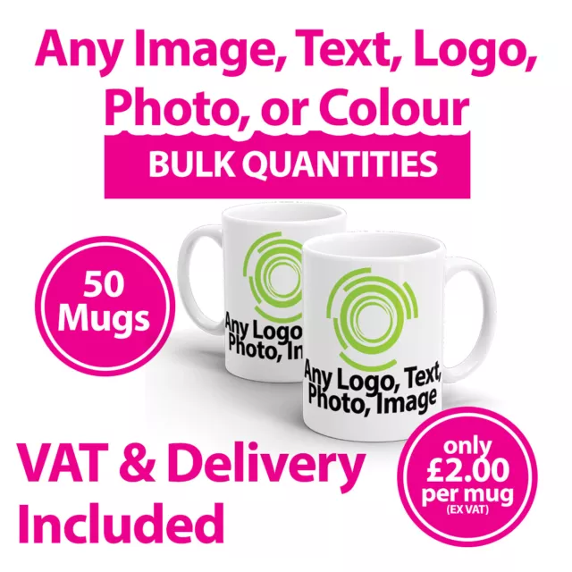 50 Promotional Mugs Cups Any Image, Text or Logo - Personalised Mugs - Printed