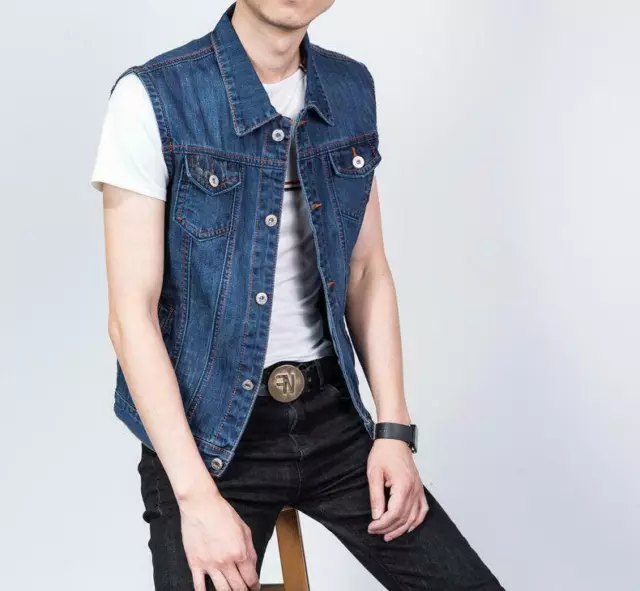 Mens Casual Denim Vest Jean Jacket Waistcoat Sleeveless Vintage New Jacket blue