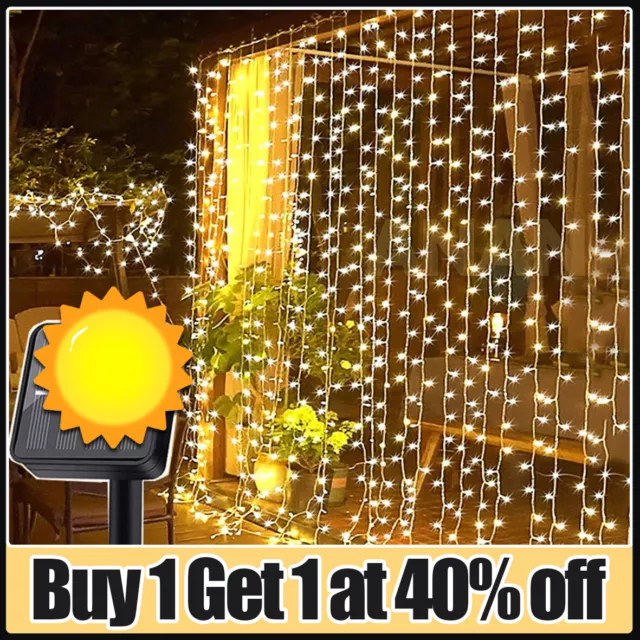300 LED Outdoor Solar Curtain Fairy String Lights Hanging Patio Window Garden