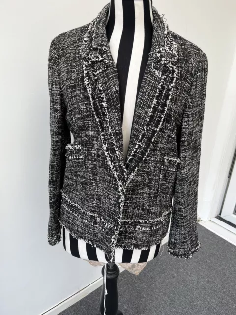 Massimo Dutti Ladies Black White Tweed Freyed Blazer Jacket Size 16