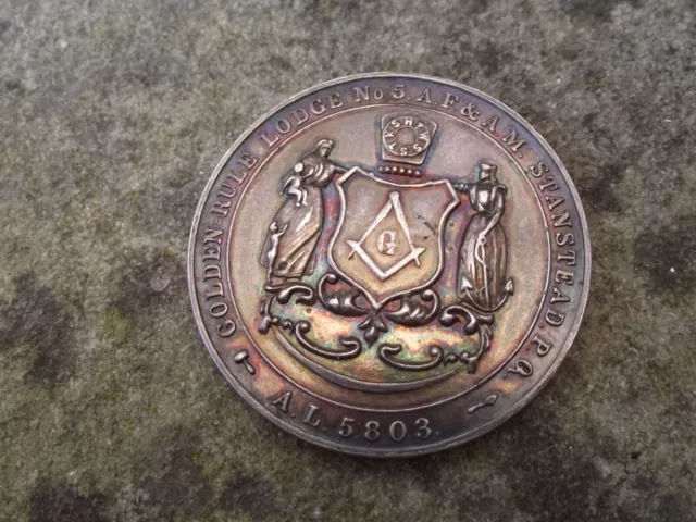 Rare Vintage 1953 Canadian Masonic Golden Rule Lodge No5 Silver Medal Medallion