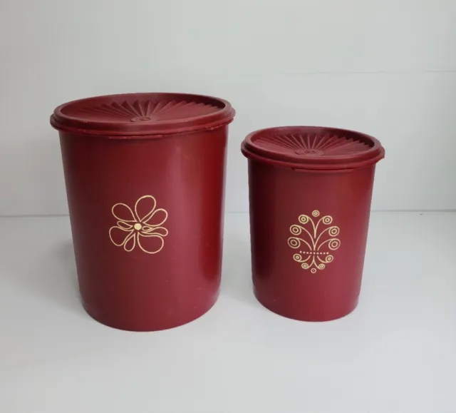 TUPPERWARE Vintage Retro Servalier Burgundy Maroon Canisters Set Of 2