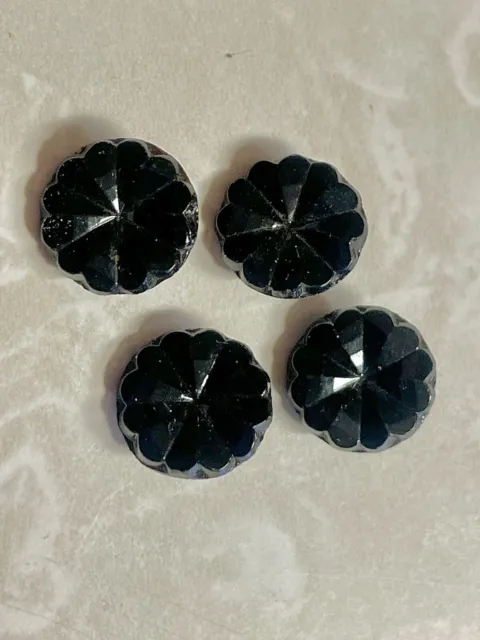 Set of 4 Vintage Black Glass Carved Flower Buttons