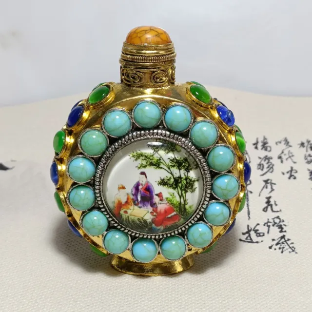 Beautiful Chinese copper inlay beads landscape figure Night Glow snuff bottle