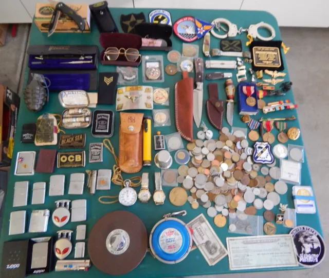 Grandpa's Vintage Junk Drawer Lot Coins Tokens Lighters Knives And More