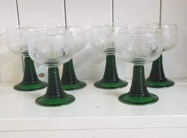 Vintage Set Of 6 Luminarc  Green Stem Rib Beehive Etched Grapevine Wine Glasses