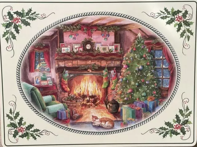 Set/4 PIMPERNEL CHRISTMAS FIRESIDE Cork Backed Placemats Cat Fireplace EUC