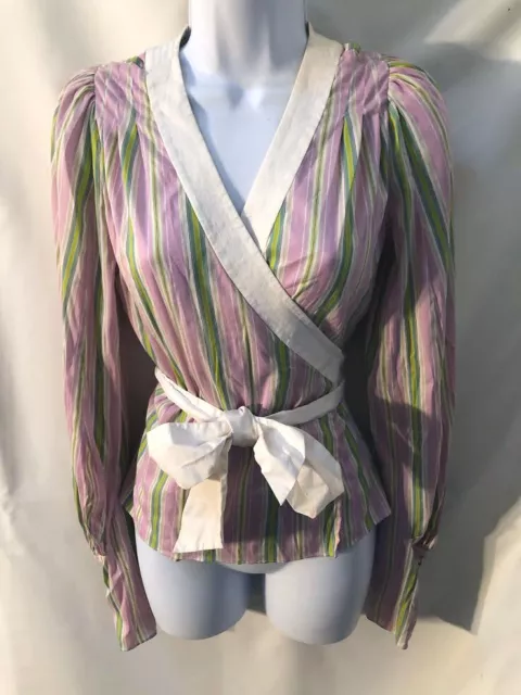 Vintage Diane Von Furstenberg Cotton wrap lavender stripe long sleeve blouse S/M