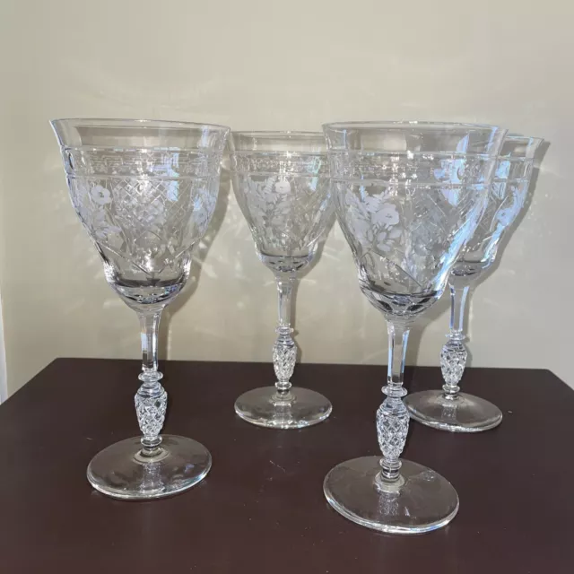 Vtg Rock Sharpe 8” Crystal Goblets Wine Glasses Amesbury Set Of 4 Etched & Cut