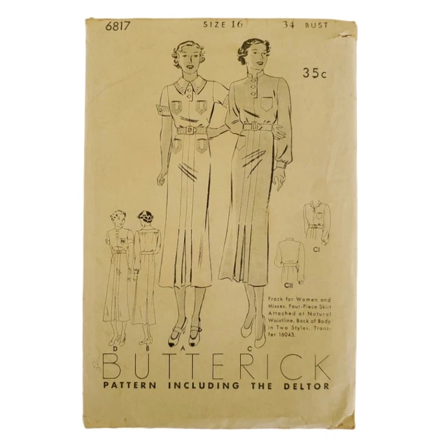 Vintage 1920s Butterick 6817 sewing pattern women's frock, size 16, 34 bust