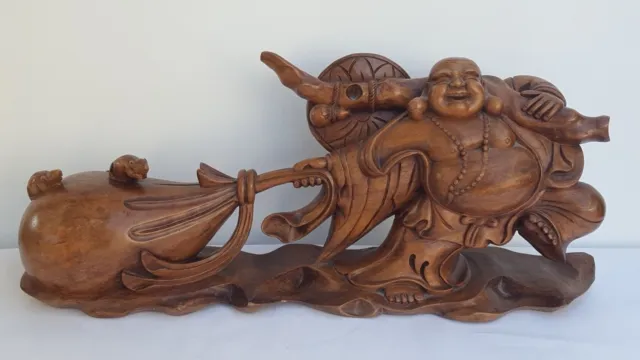 Very Big Lucky Traveling Buddha Hotei Wood Carving Statue handmade Bali art