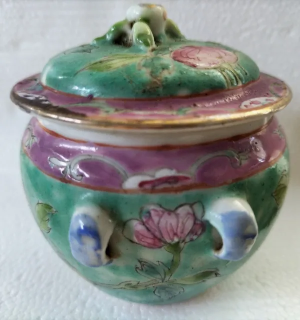 Lidded Pot  Beautiful Early  Teal Famille Rose Red Mark With Partial Old Label