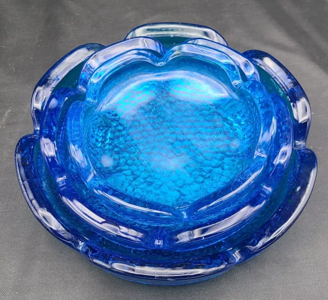 Vintage MCM Cobalt Blue Blenko Glass Lotus Flower Blossom Petal Ashtrays X3