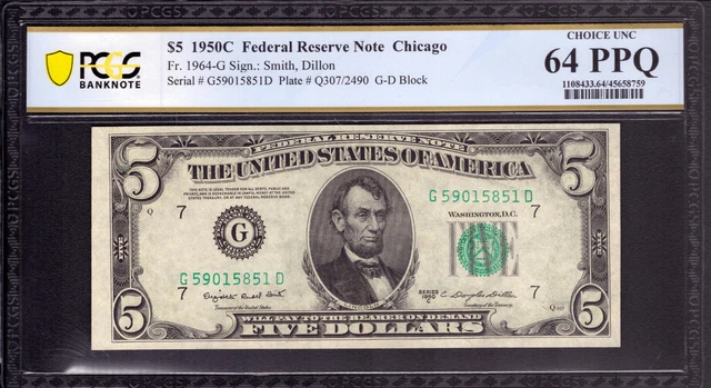 1950 C $5 Federal Reserve Note Chicago Fr.1964-G Gd Block Pcgs Choice Unc 64 Ppq