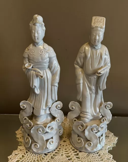 Chinese Porcelain Blanc de Chine Figures Early 20th Century Pair Sign On Bottom
