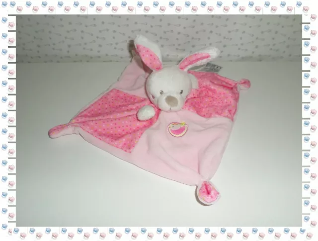 ♔ - Doudou Plat Carré Lapin Rose Blanc Oiseau Mots d'Enfants