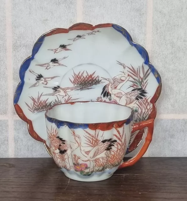 Vintage Japanese Cup And Saucer Kutani Ware Cranes And Flowers