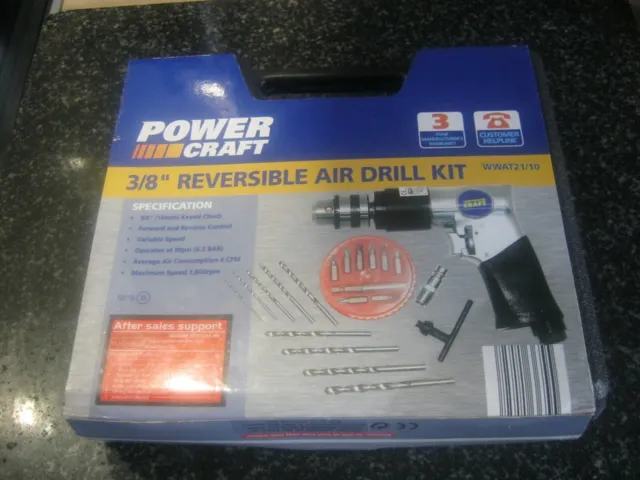 Power Craft 3/8" Reversible Air Drill Kit New In Box