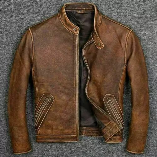 Mens Motorcycle Cafe Racer Vintage Biker Brown Distressed Real Leather Jacket