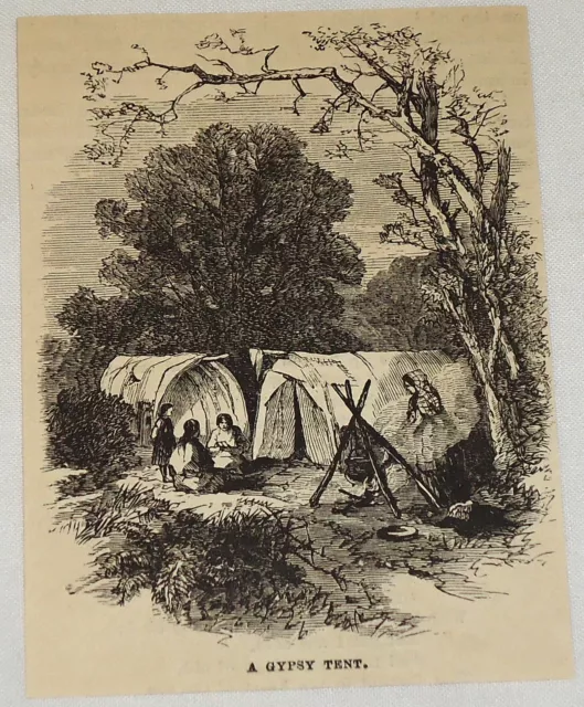 1881 magazine engraving ~ GYPSIES SIT OUTSDE OF GYPSY TENTS