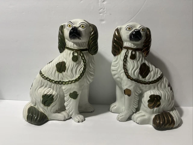 Staffordshire ANTIQUE 3 WHITE GREEN KING CHARLES SPANIEL DOGS FIGURINES 9”