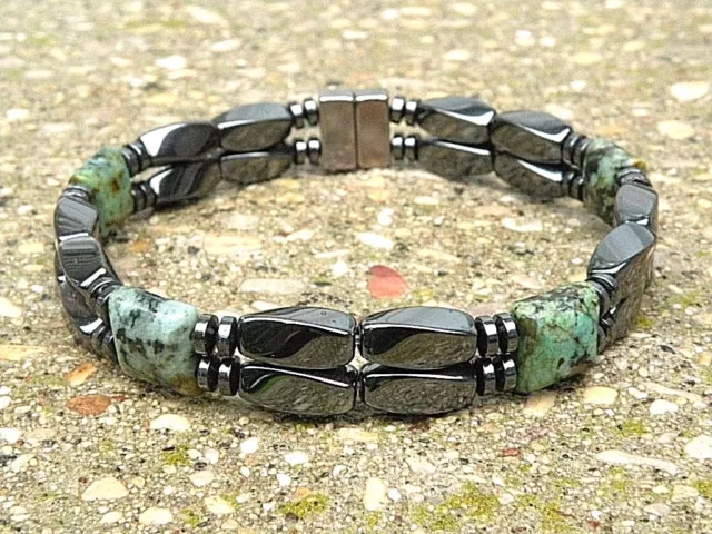 Magnetic Bracelet Anklet STRONG Clasp AFRICAN TURQUOISE 2 row USA Hand Strung