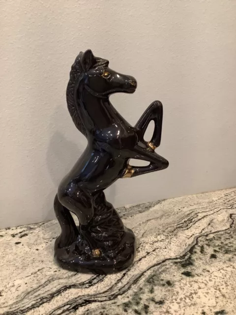 VTG Ceramic MCM Black Stallion Horse Rearing Statue Gold Equestrian Brazil