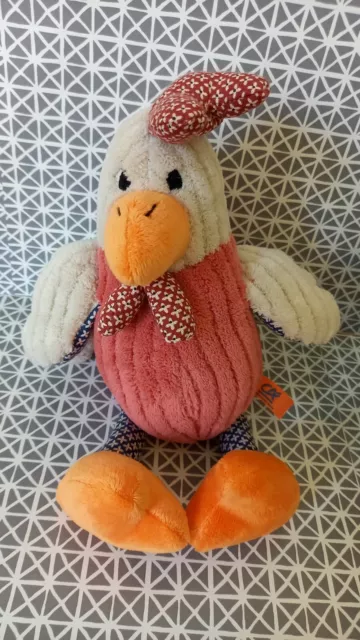 Doudou peluche poule coq beige rose orange 30 cm Crédit Agricole