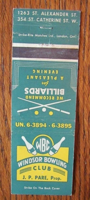 Bowling Billiards: Windsor Bowling Club (Montreal Quebec) (Sports Matchbook) -E2