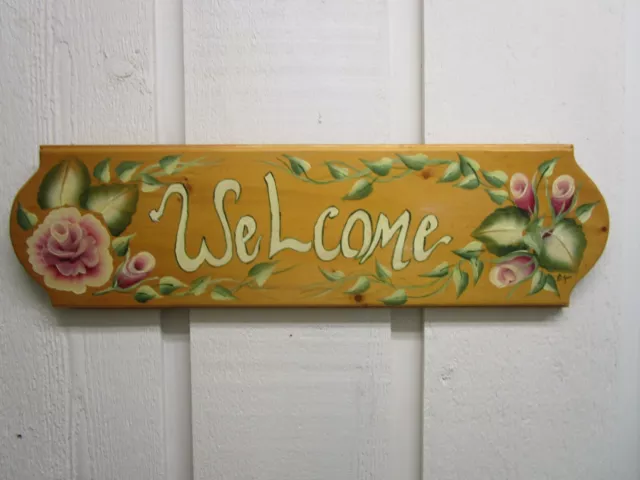 Welcome Sign Hand Painted Wood Folk Art Flowers Cottage Country Signature